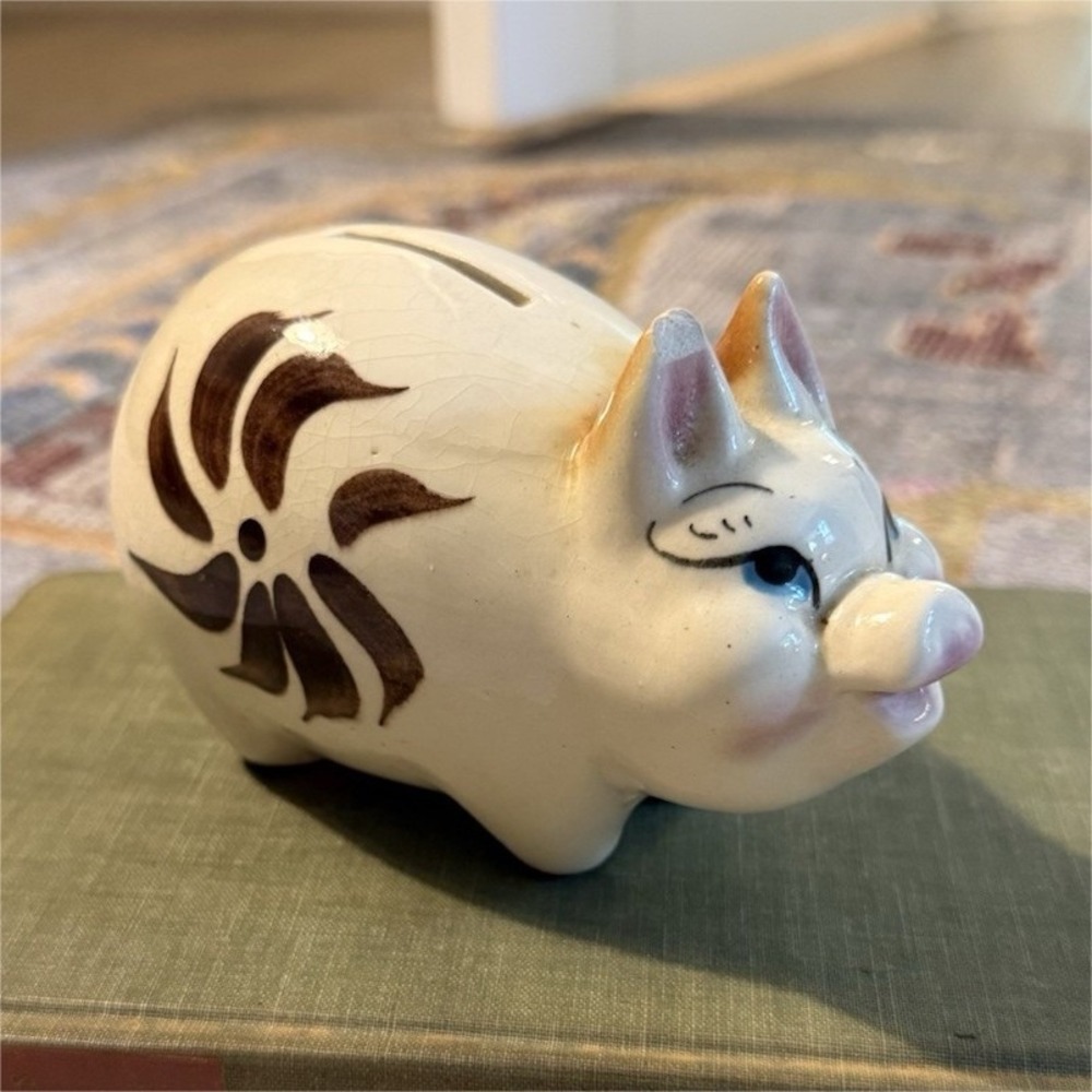 Vintage Ceramic Piggy Bank Hand Painted Pig Blue Eyes‎ Brown Floral Mid Century